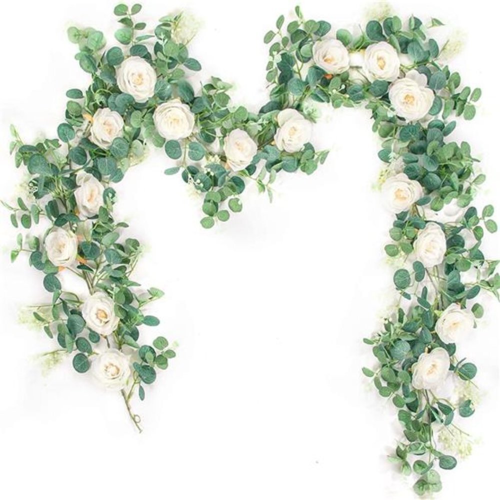 2 Pack 13Ft Artificial Eucalyptus Flower Garland with Fake Rose (White)